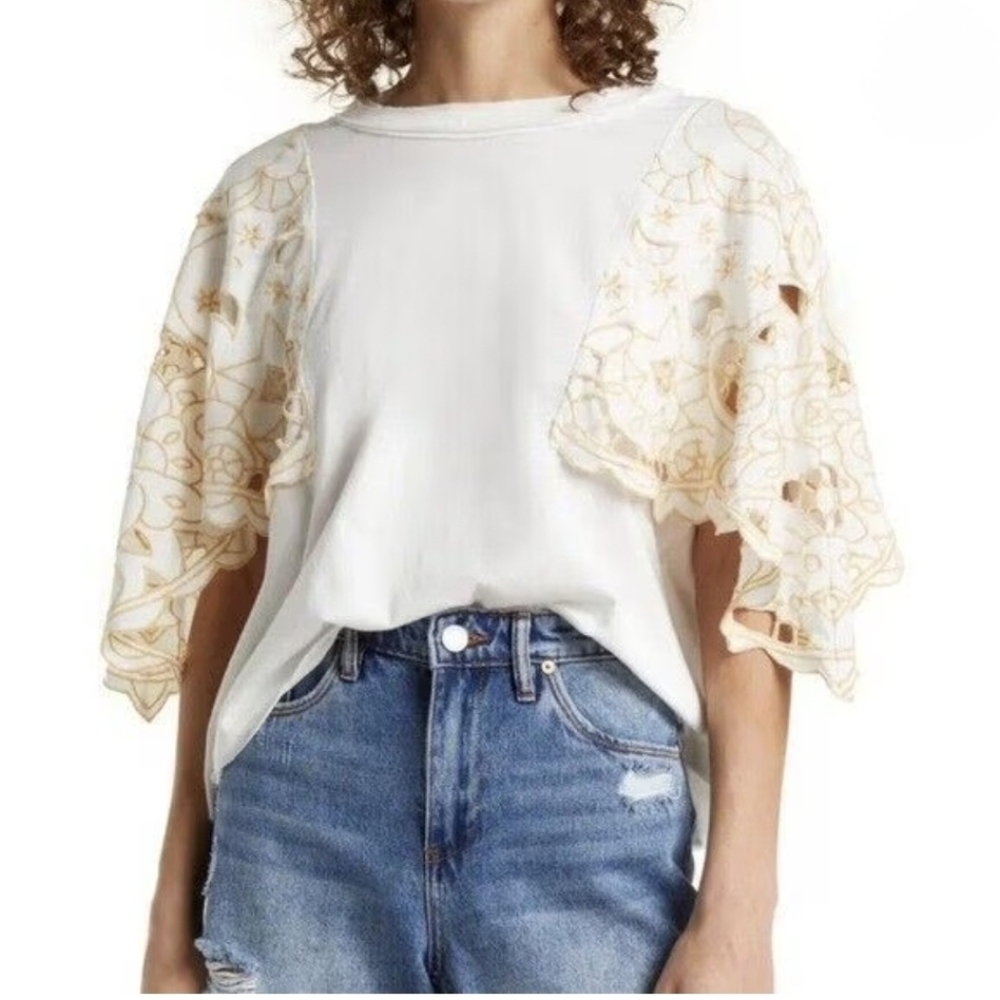 Free People Angel Ivory Cotton Embroidered Flutter Sleeve Top‎ Tee Shirt